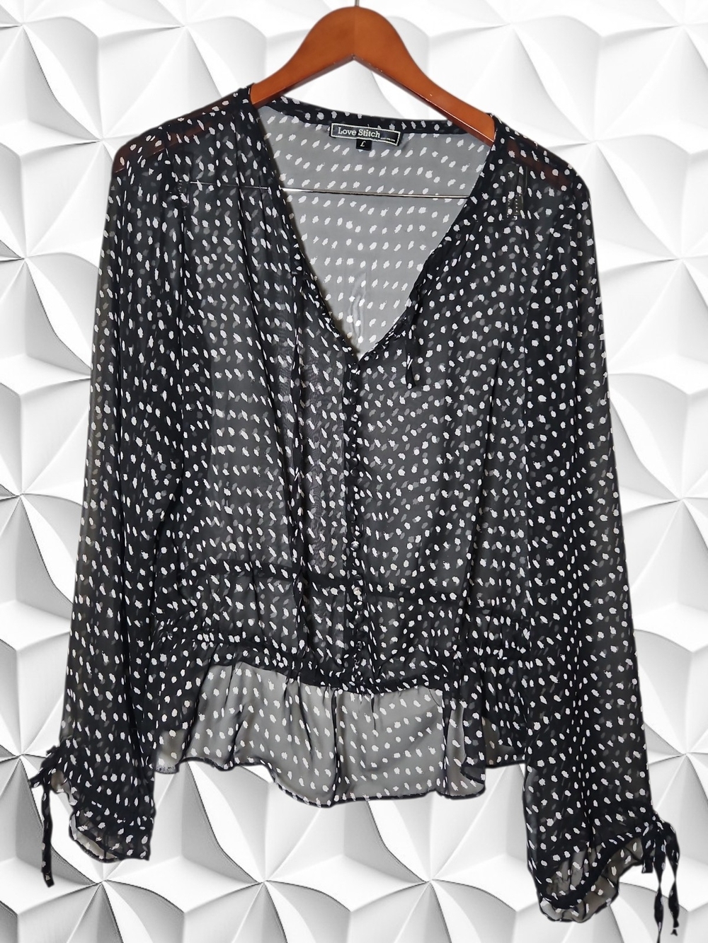 Love Stitch Black Sheer Dot‎ Peplum Tie-Sleeve Blouse